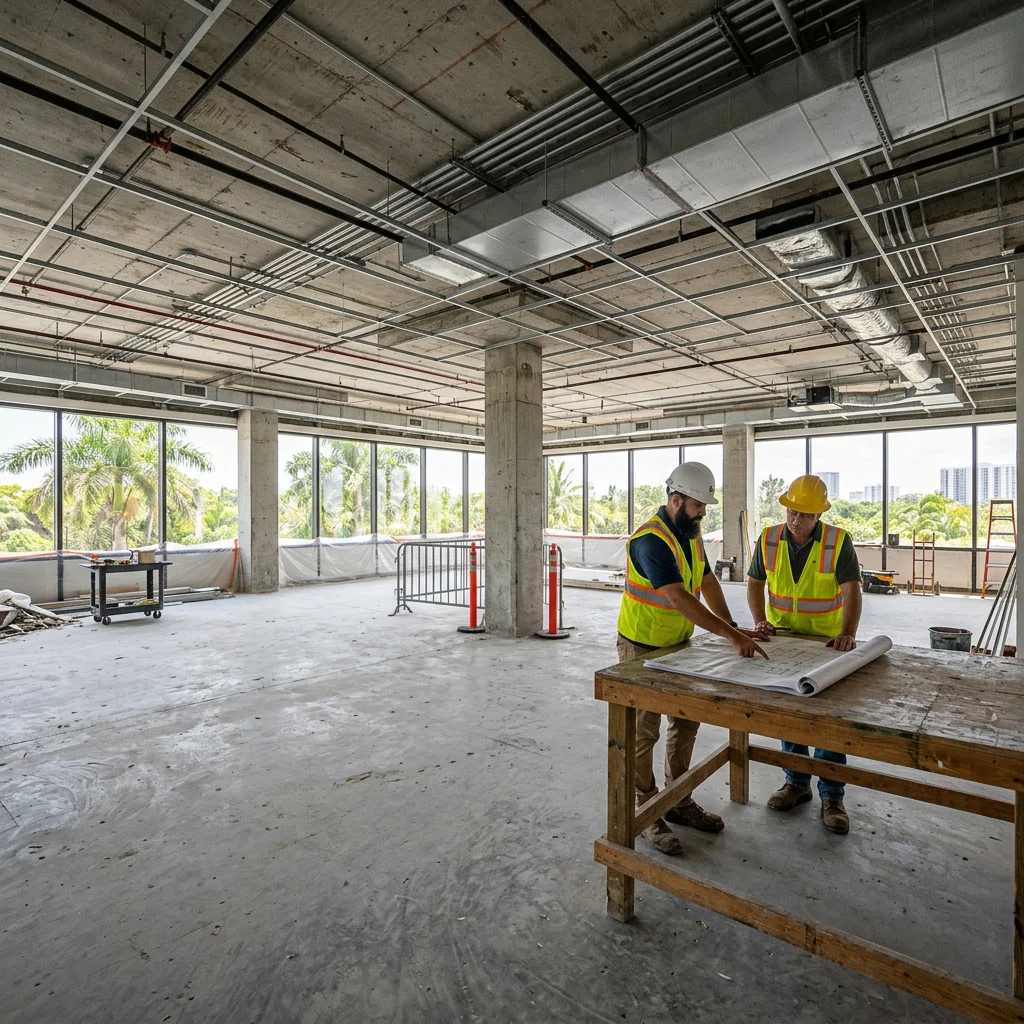 Construction managers review plans inside a commercial office prepared for selective demolition and renovation