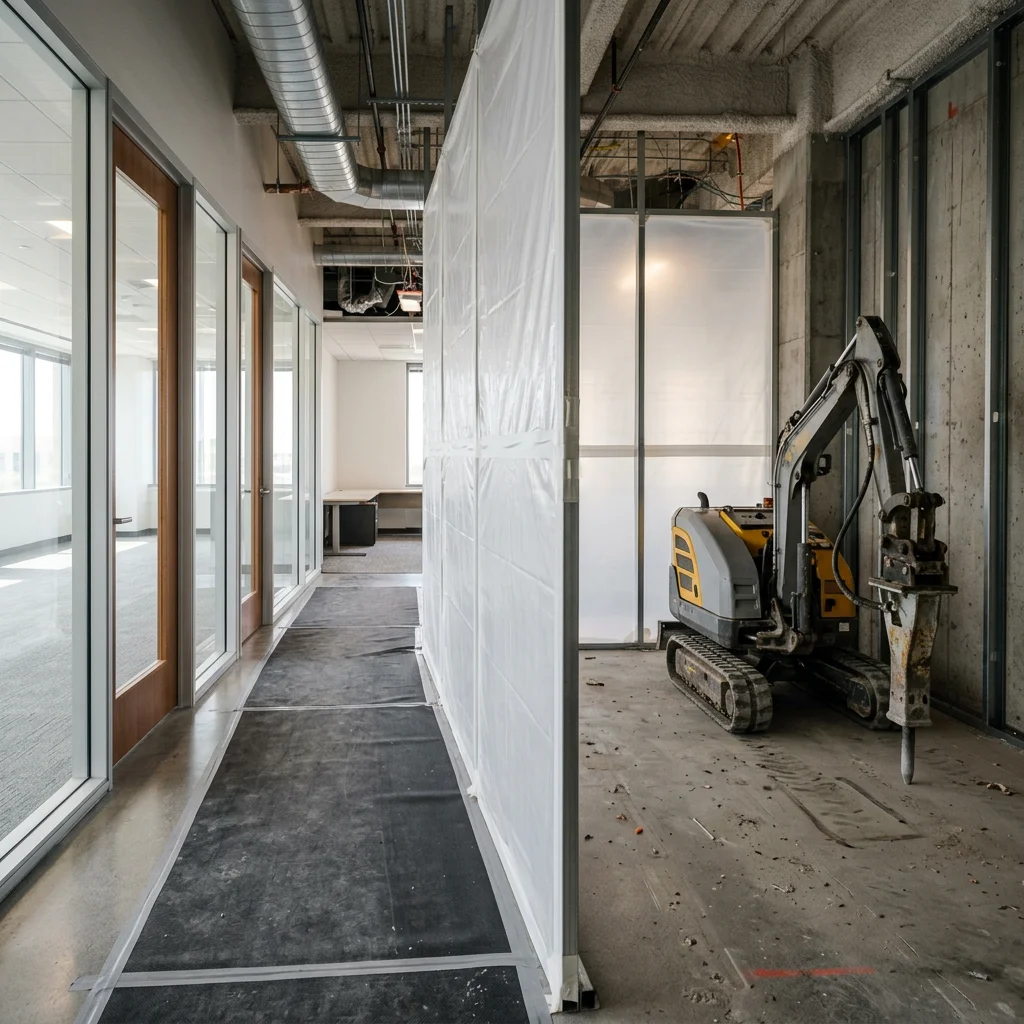 A sealed temporary dust partition separates a commercial demolition work zone from a protected corridor