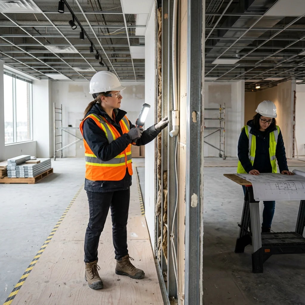 A site supervisor and engineer assess exposed building conditions before commercial demolition