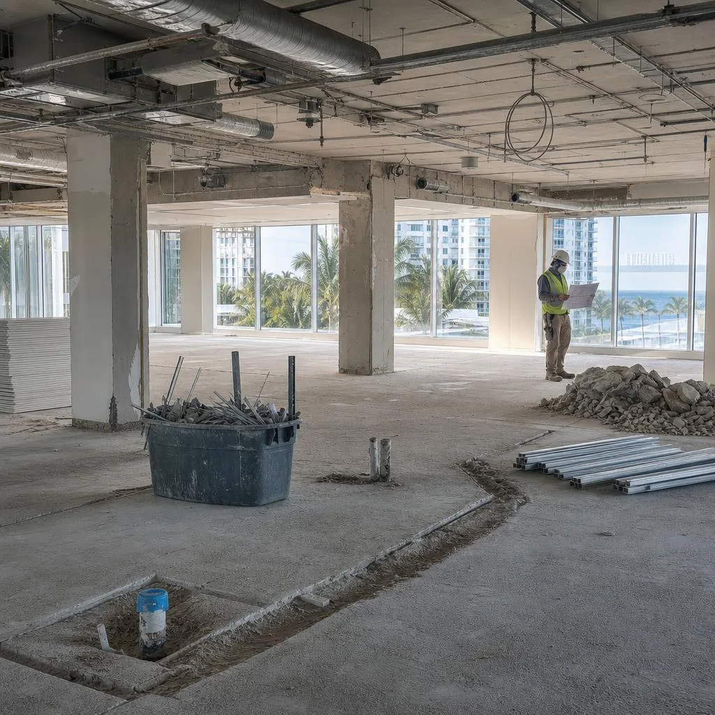 Illustrative interior demolition of ceilings and partitions in a commercial tenant space