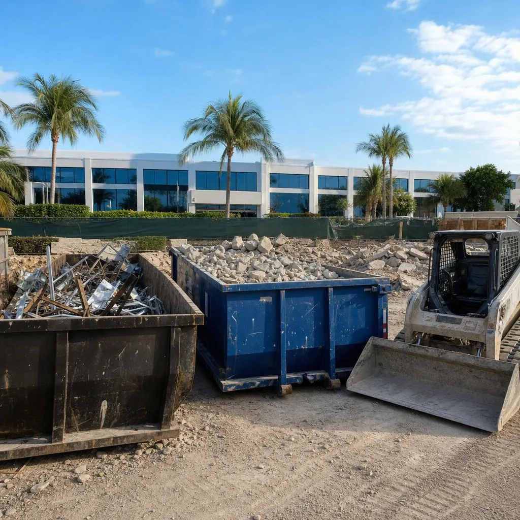 Illustrative sorted demolition debris with separated concrete and metal for recycling