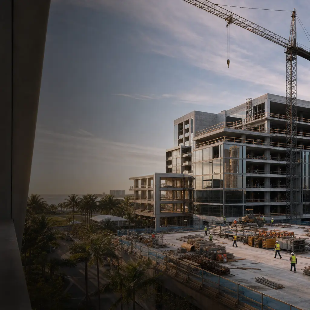 Modern commercial building under construction near the Boca Raton coast with tower cranes, palms, and an organized jobsite