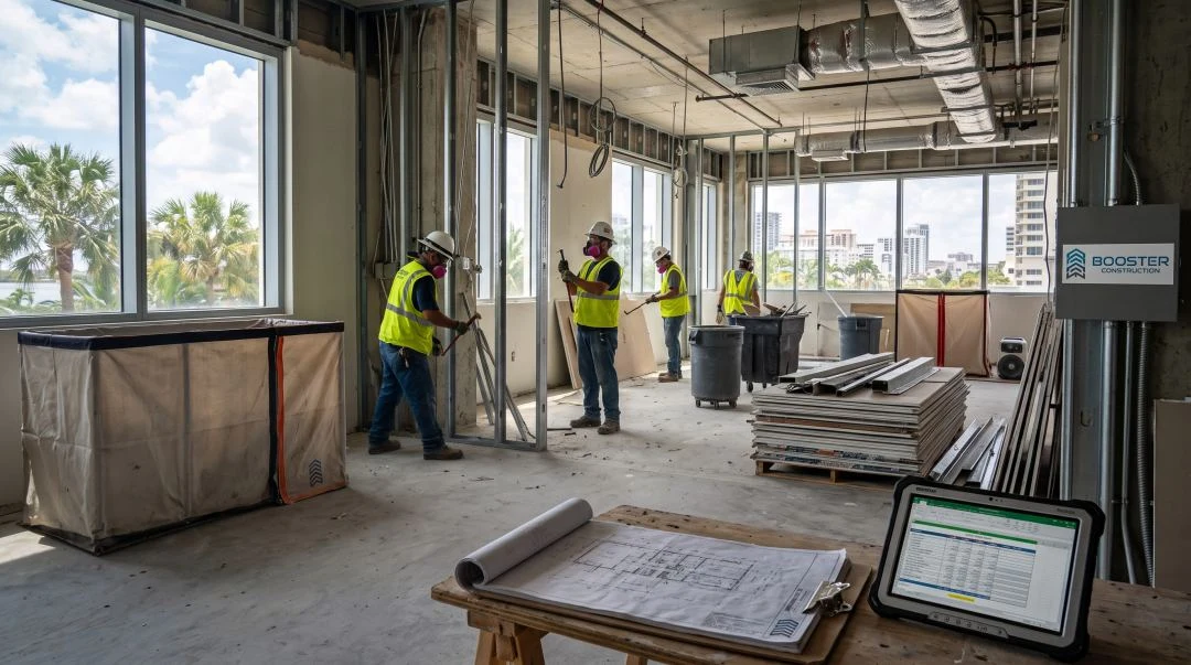 Commercial interior demolition crew in a South Florida office with protected windows, sorted materials, building plans and an estimating tablet
