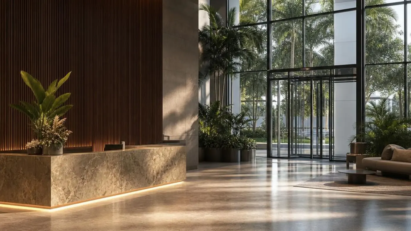 Modern South Florida commercial lobby with a marble reception desk, polished floor, tropical plants, and layered architectural lighting