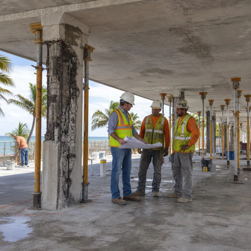 Commercial parking structure in South Florida undergoing engineered concrete restoration with construction crew and site engineer