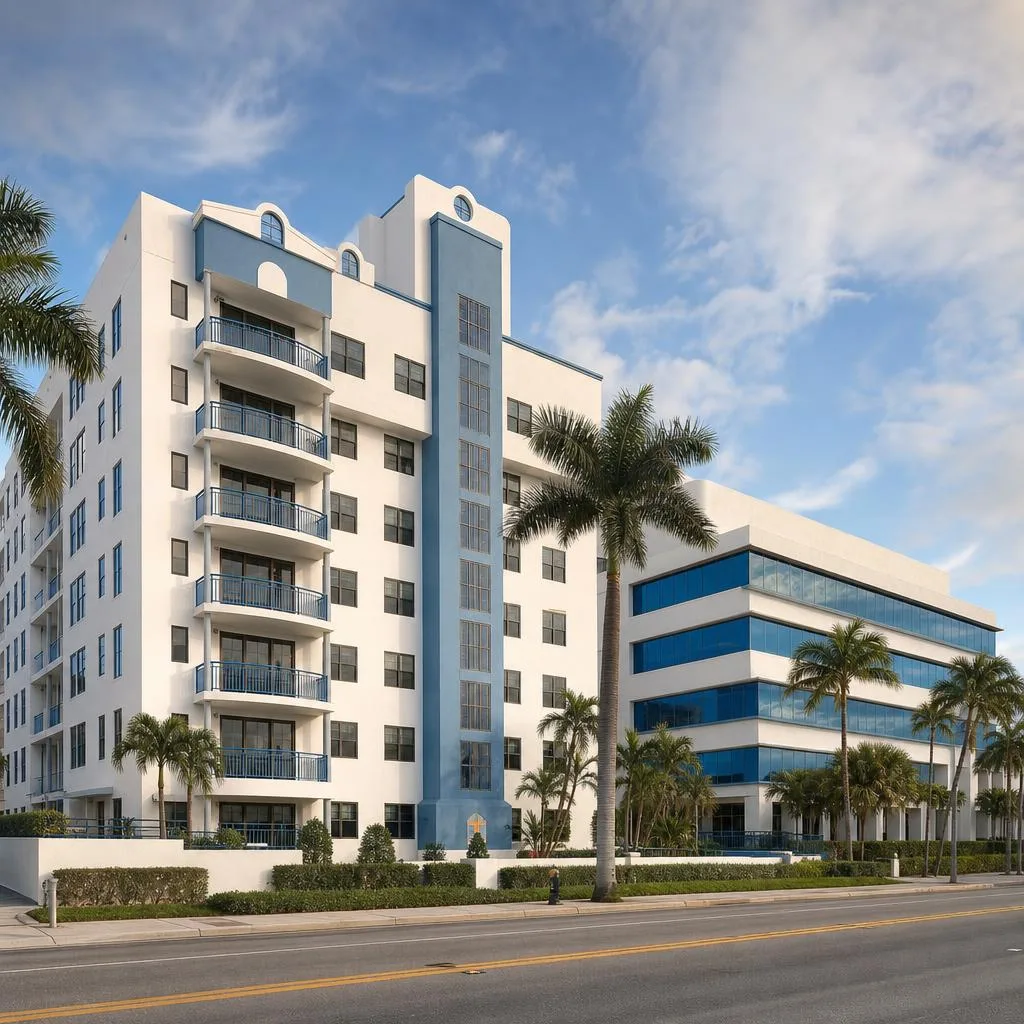 Freshly painted Miami condominium and office buildings with palm trees and coastal daylight