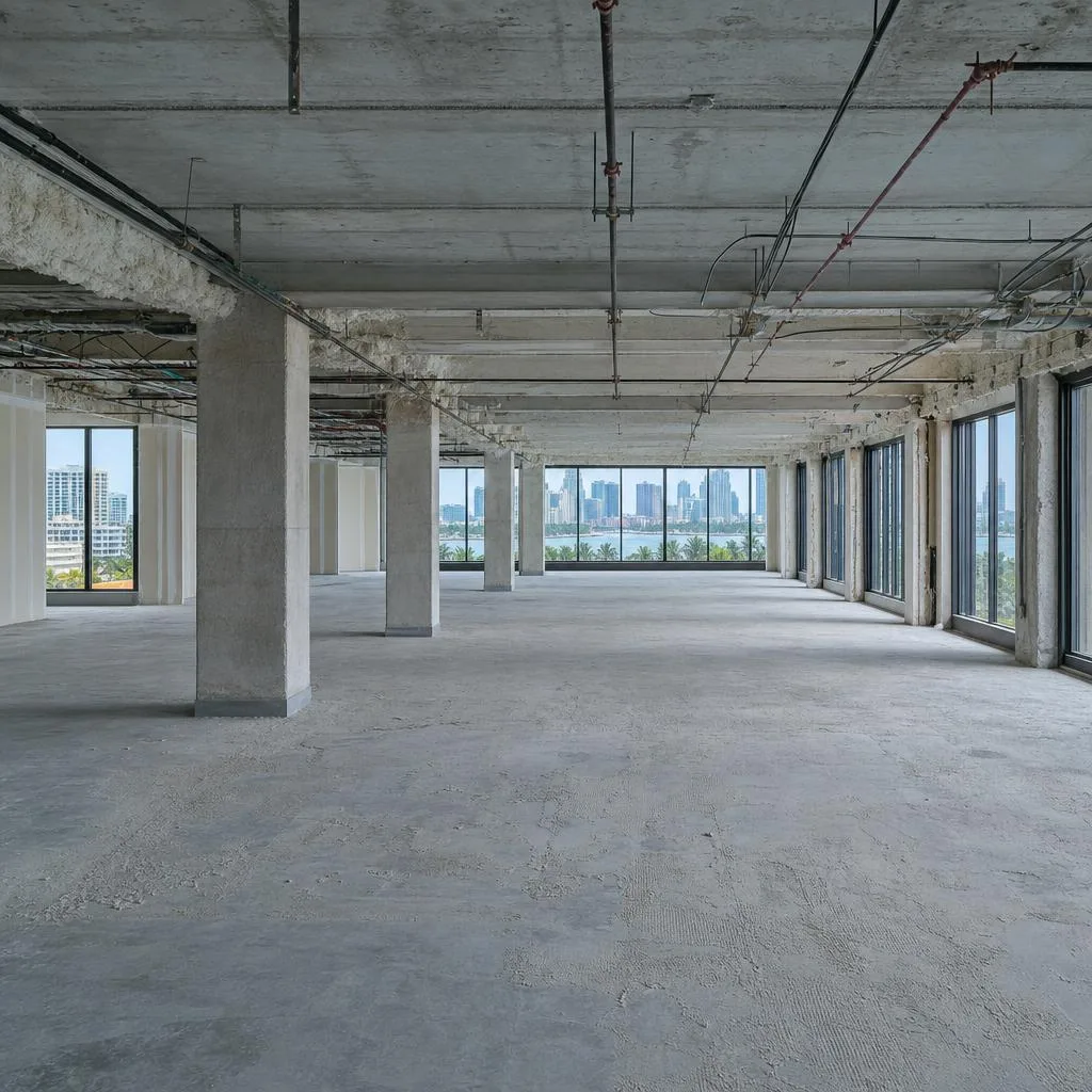 An office interior stripped back to its concrete floor and exposed ceiling in preparation for renovation
