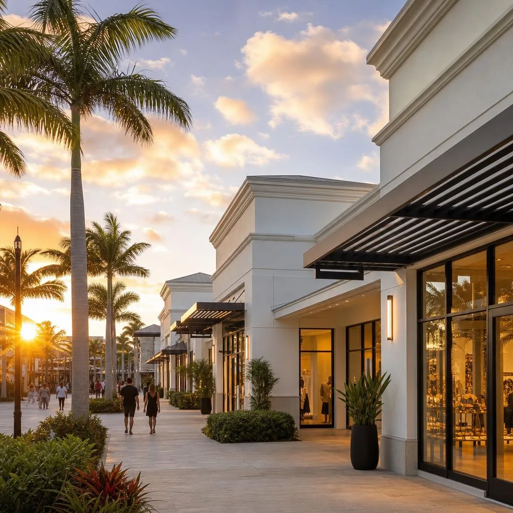 Renovated open-air shopping center in South Florida with modern storefronts, covered walkways, and tropical landscaping