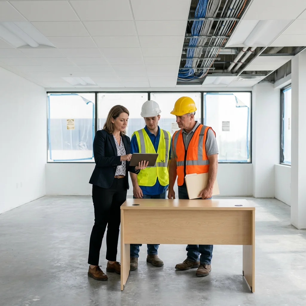 A property manager and construction professionals review closeout records in a cleared commercial suite