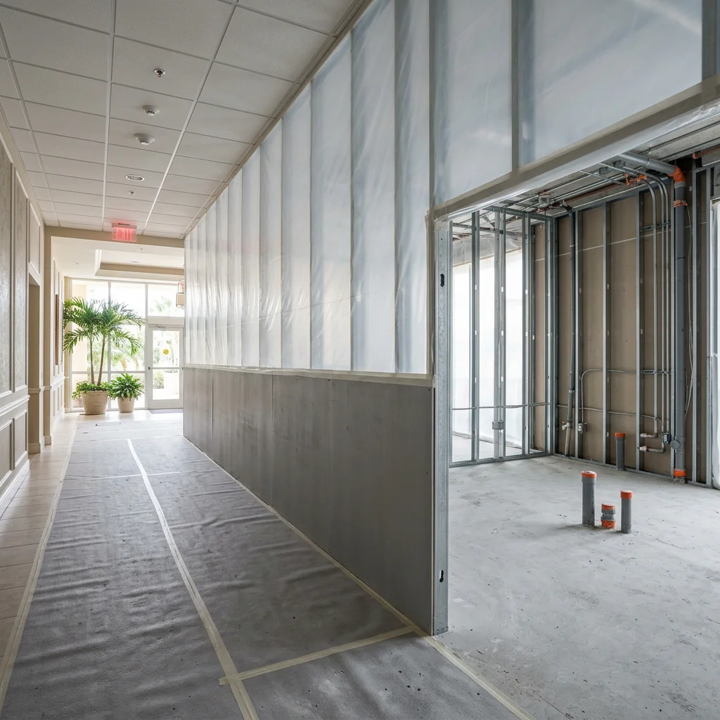 Temporary dust containment separates a commercial renovation work area from a protected managed-property corridor