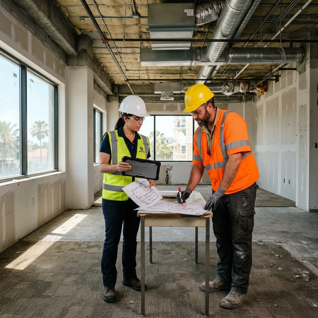 A property manager and site supervisor document retained partitions and removal limits during a commercial scope walkthrough