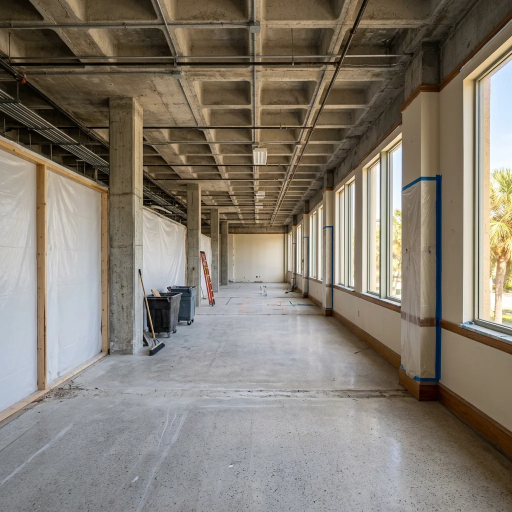 Commercial interior with designated partitions removed while concrete structure and adjacent areas remain protected