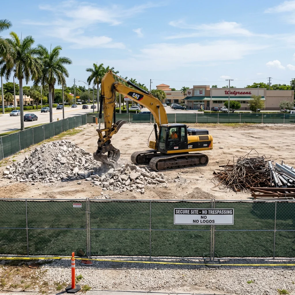 Excavator sorting concrete rubble and metal at a secured site after full building removal