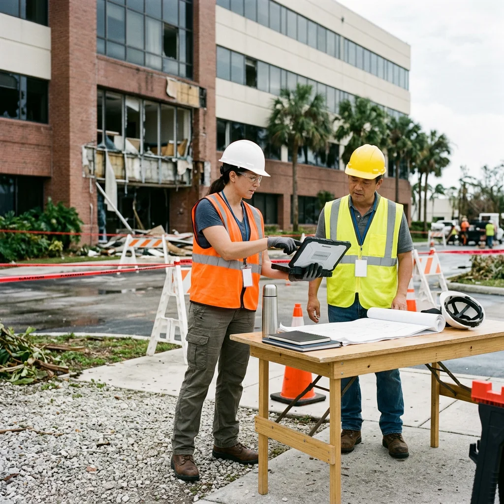 An engineer and property manager review building survey information from outside a cordoned storm-damaged commercial property