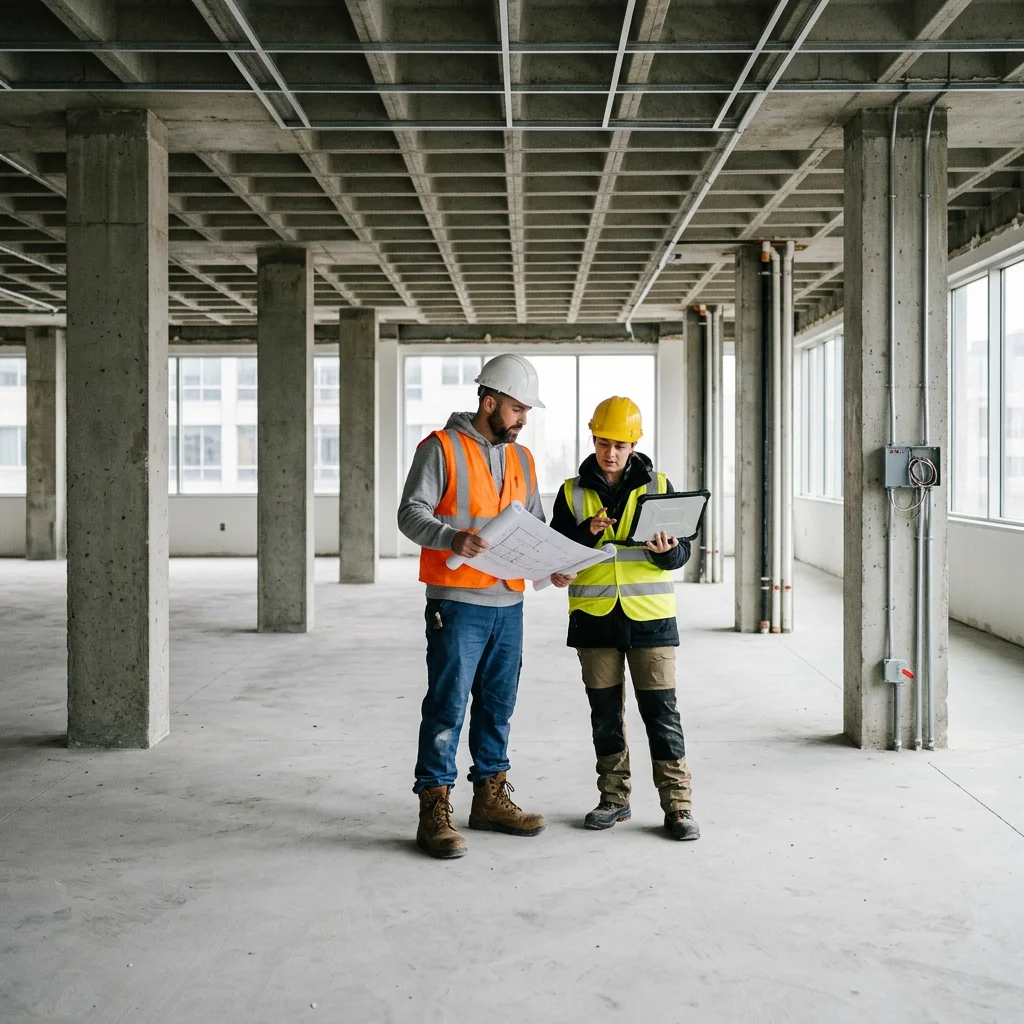Construction professionals review repair plans in a stable cleared commercial room after selective removal