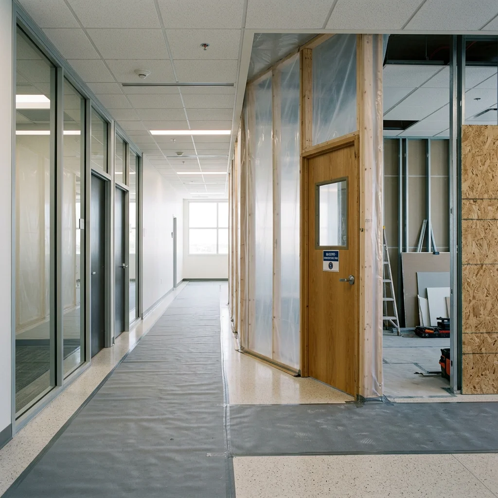 A full-height temporary partition separates a closed repair zone from a protected commercial corridor