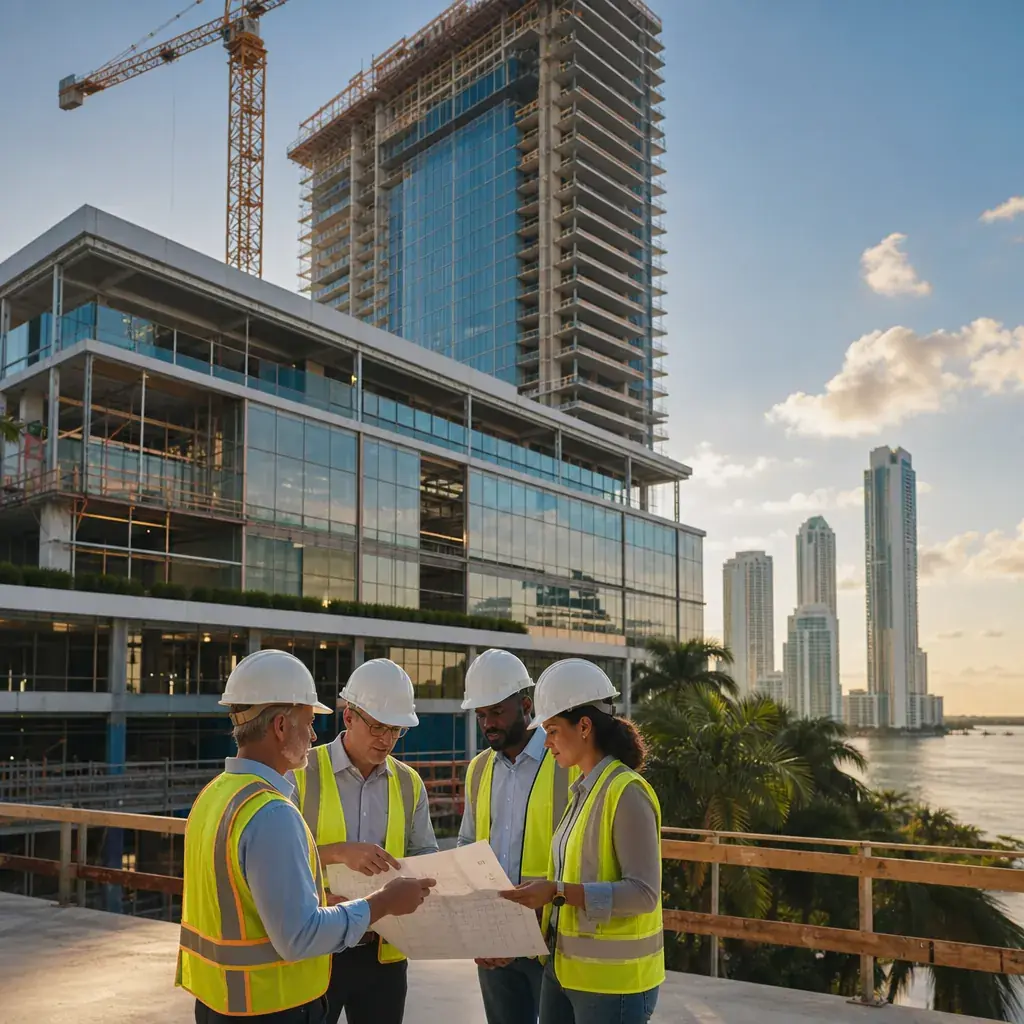 Commercial general contractors reviewing plans at a large mixed-use construction project in South Florida