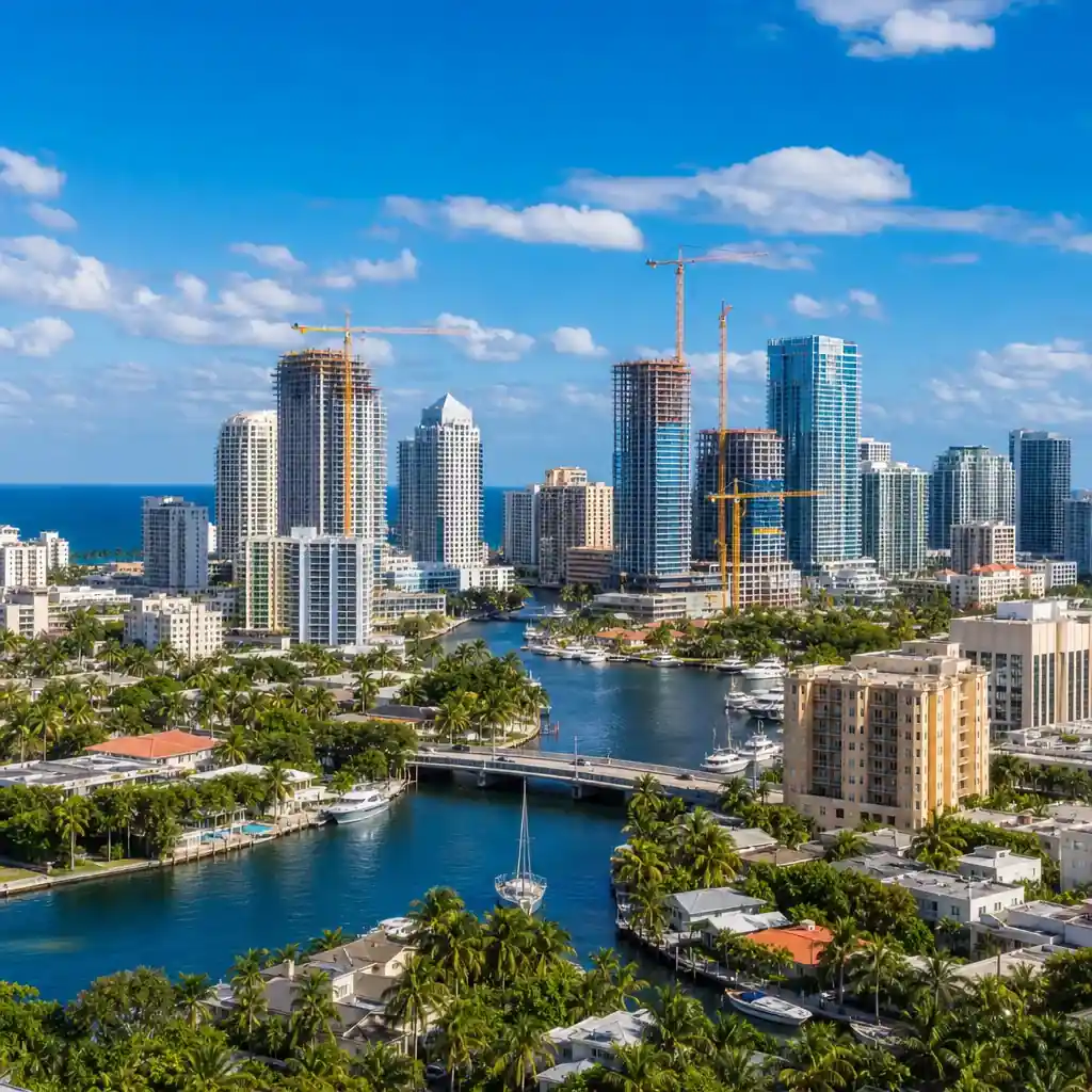 Fort Lauderdale skyline with commercial construction cranes over waterfront high-rises and canals