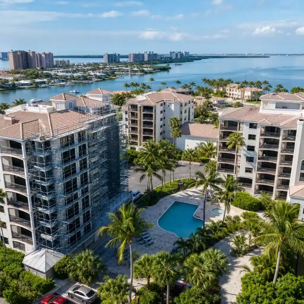 Aerial view of a Florida HOA condominium community with renovation scaffolding on a mid-rise building