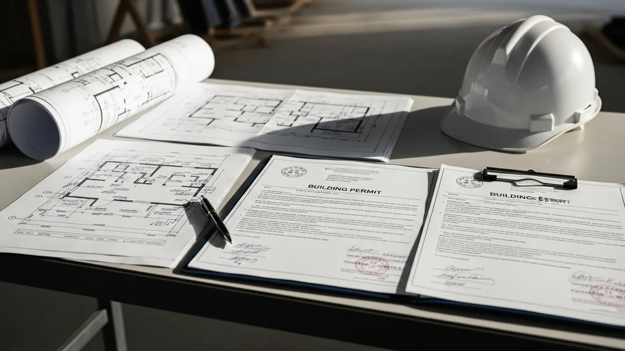 As-built blueprints and building permit documents on a commercial construction site
