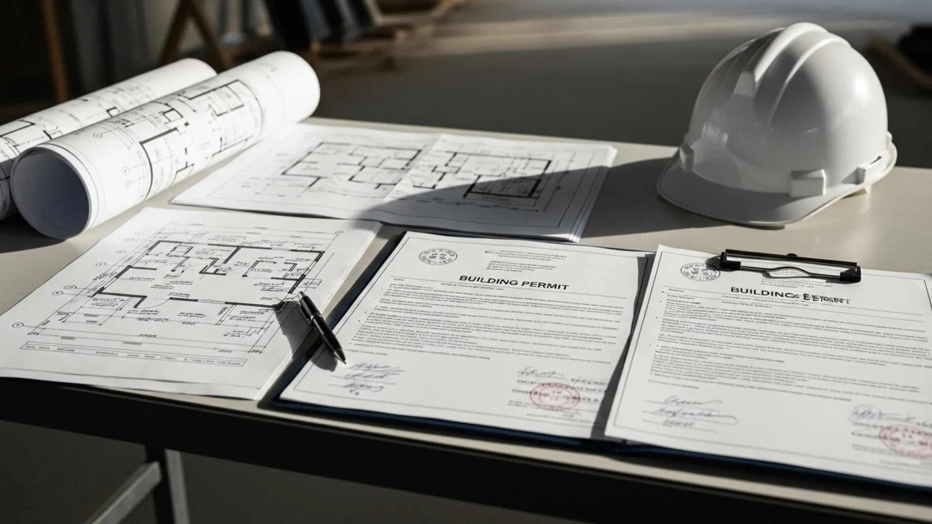 Building permit documents and compliance plans on a commercial construction site