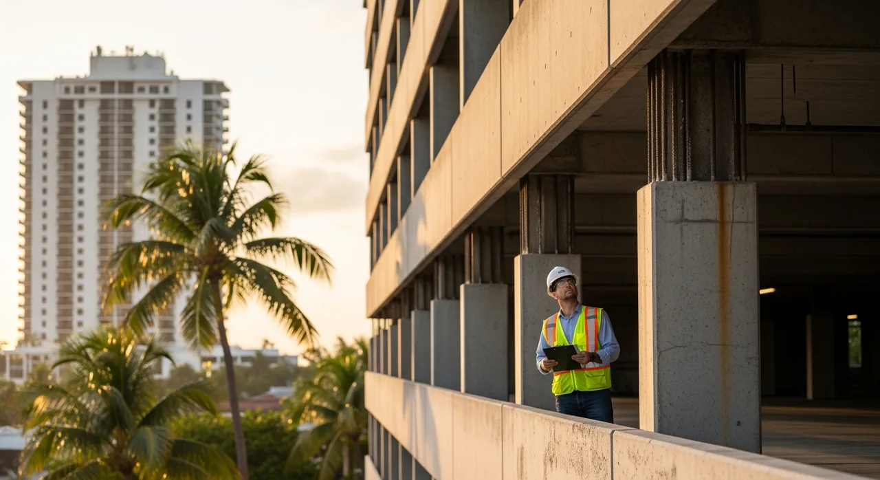 Engineer inspecting the concrete structure of an aging commercial building in Miami for recertification