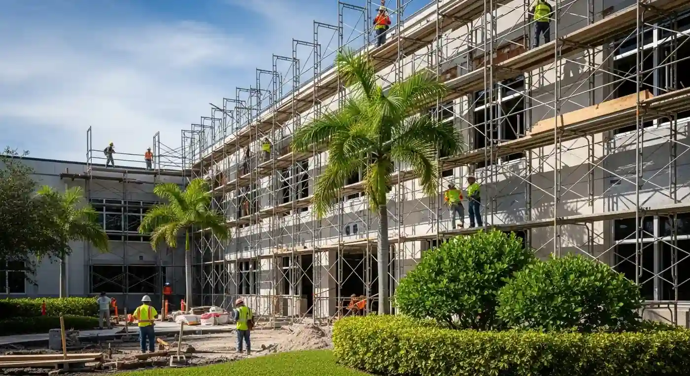 Florida public school building undergoing major commercial renovation with scaffolding and construction crew on site