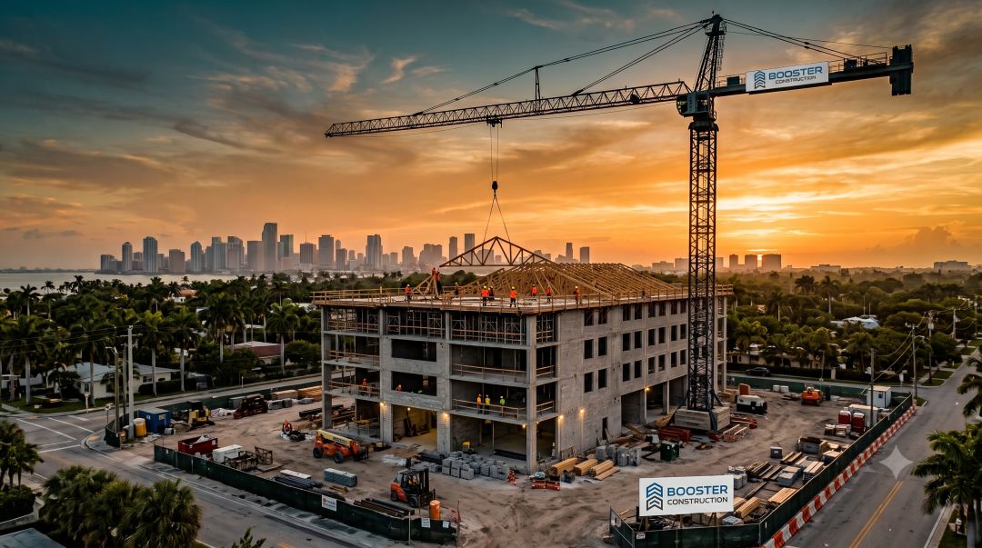 Booster Construction crane lifting roof structure on a commercial building at sunset with the Miami skyline in the background