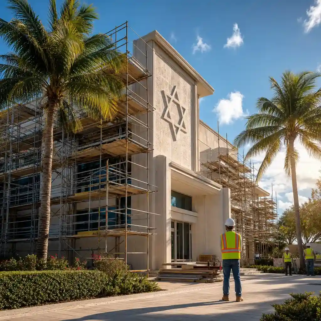 Florida synagogue exterior undergoing renovation with scaffolding, palm trees, and a construction crew