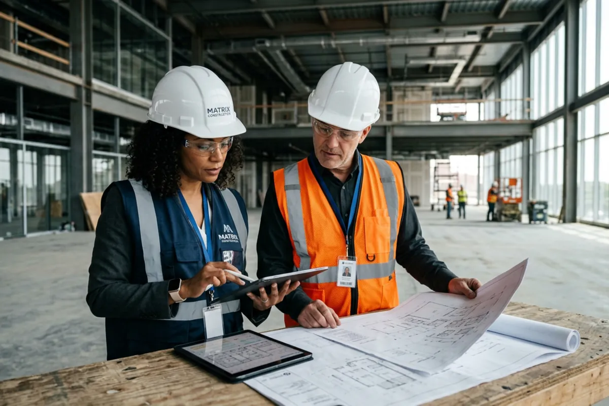 Booster Construction team reviewing commercial building plans